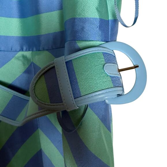 Rebecca Vallance Seychelles Blue Stripe Puff Sleeve Belted Mini Dress Size 8 - Picture 8 of 16
